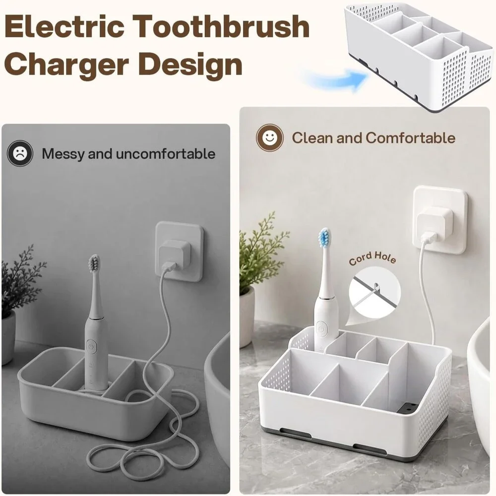 Bathroom Toothbrush Holder Countertop Organizer with Drainage Charger Storage
